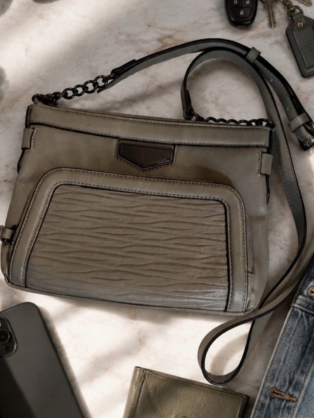Olive Gray Crossbody Bag with Gunmetal Hardware